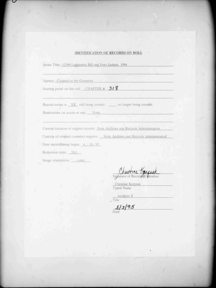 NYS Bill and Veto Jackets: 1994, Chapter 318