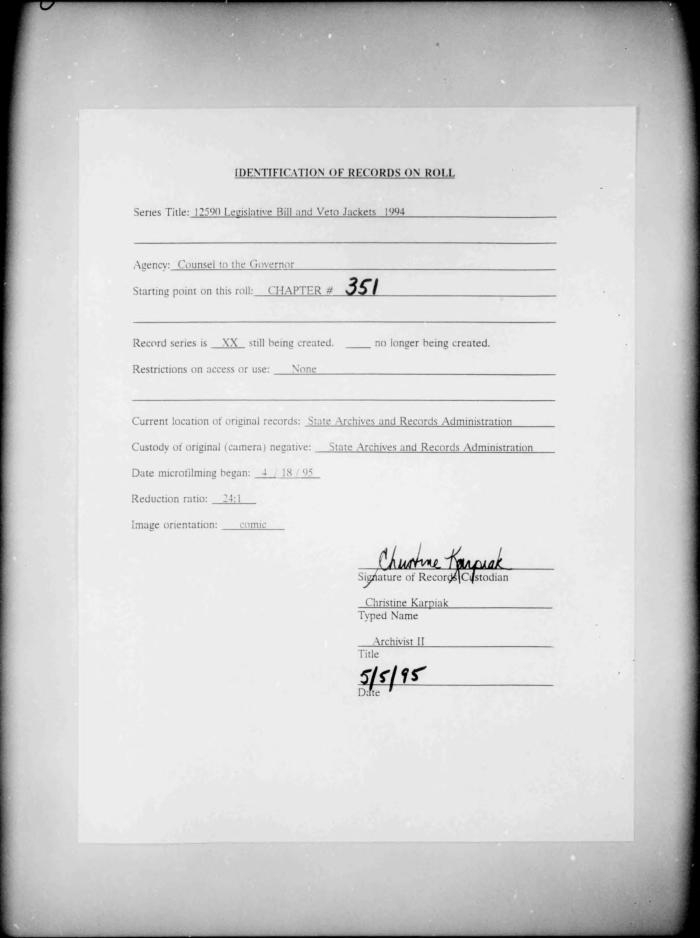 NYS Bill and Veto Jackets: 1994, Chapter 351