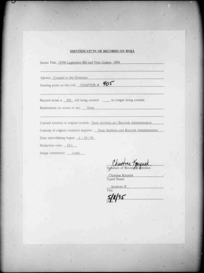 NYS Bill and Veto Jackets: 1994, Chapter 405