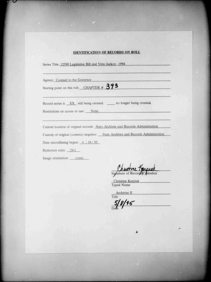 NYS Bill and Veto Jackets: 1994, Chapter 393
