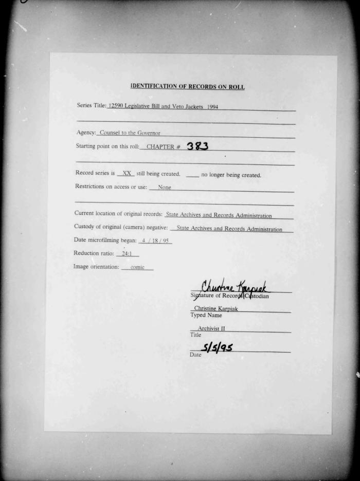 NYS Bill and Veto Jackets: 1994, Chapter 383