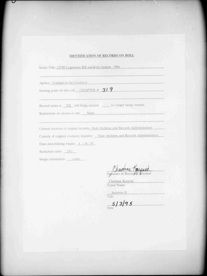 NYS Bill and Veto Jackets: 1994, Chapter 319