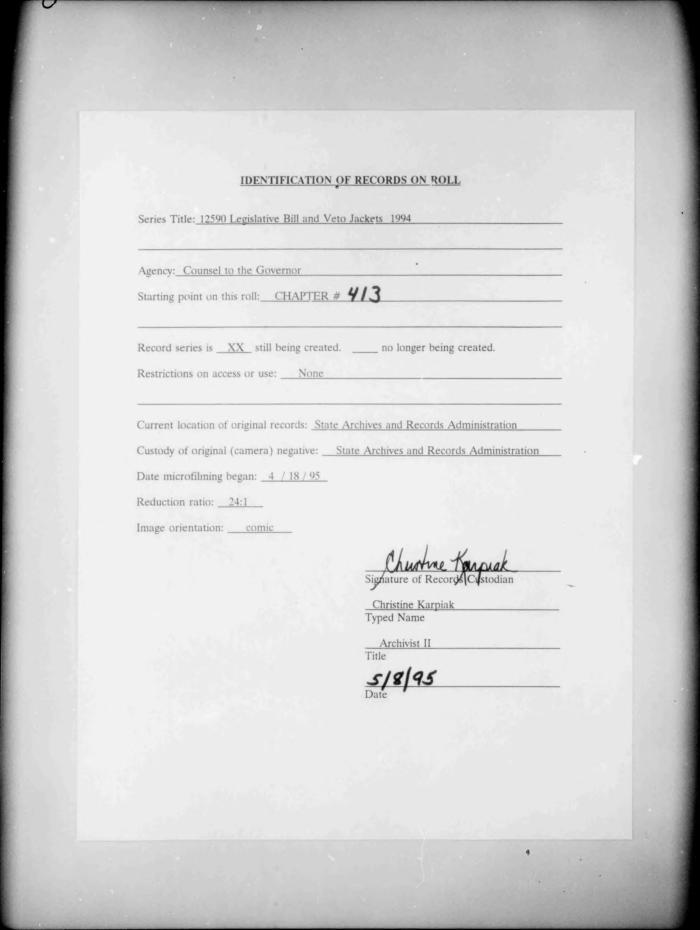 NYS Bill and Veto Jackets: 1994, Chapter 413