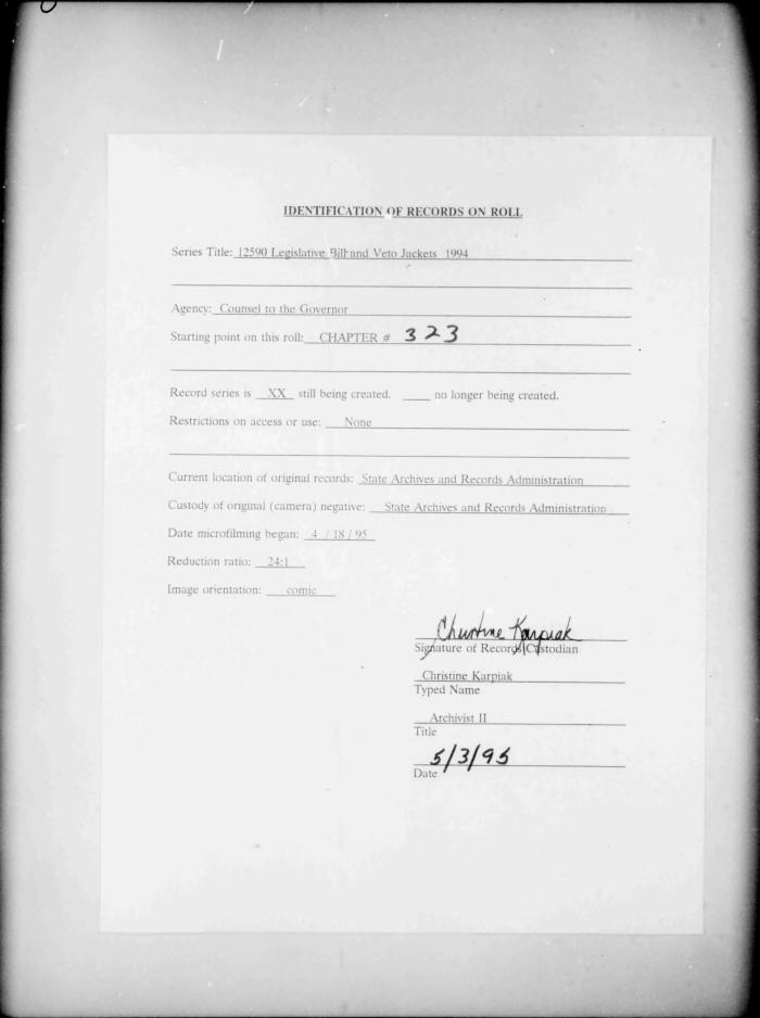 NYS Bill and Veto Jackets: 1994, Chapter 323