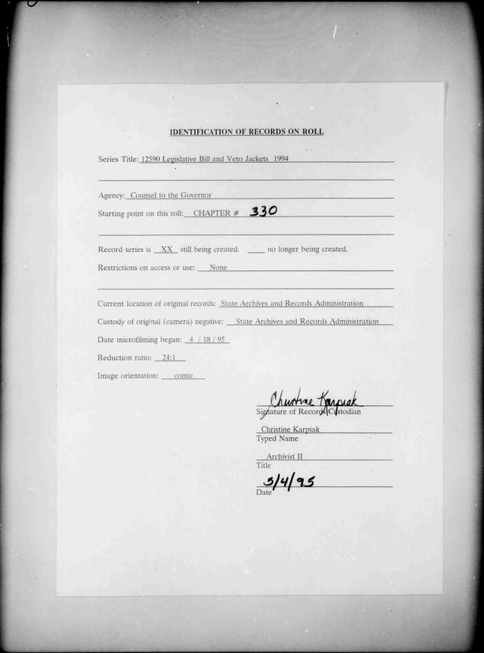 NYS Bill and Veto Jackets: 1994, Chapter 330