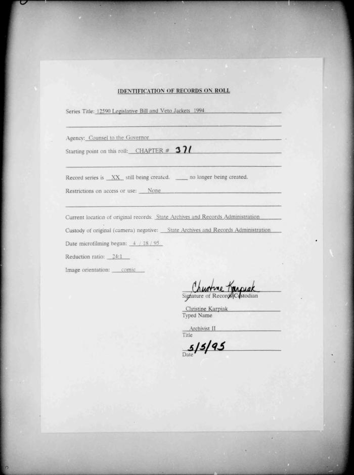 NYS Bill and Veto Jackets: 1994, Chapter 371