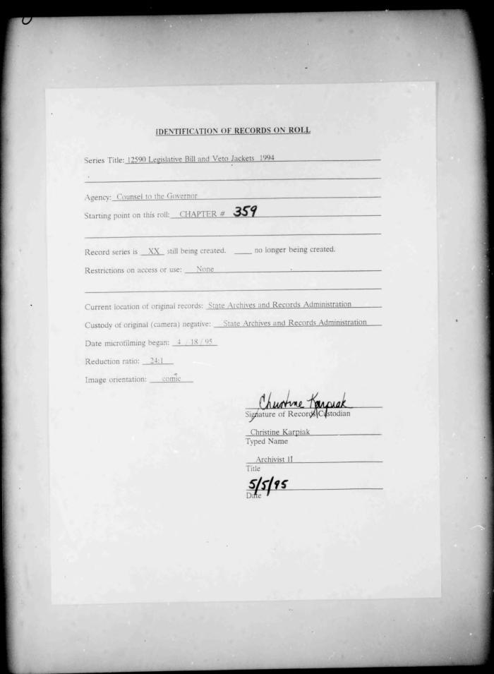 NYS Bill and Veto Jackets: 1994, Chapter 359