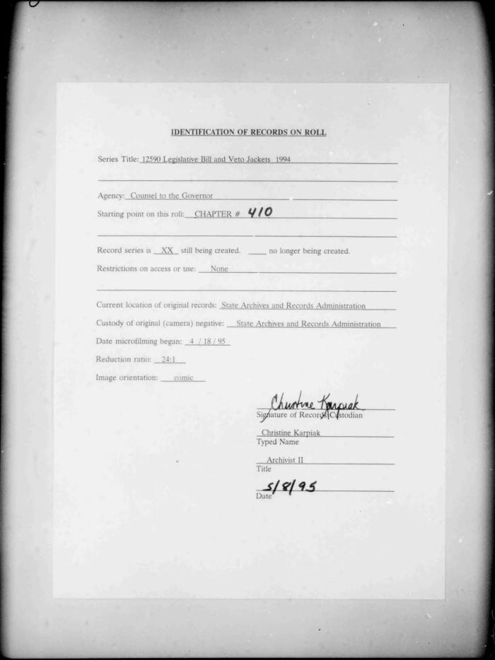 NYS Bill and Veto Jackets: 1994, Chapter 410