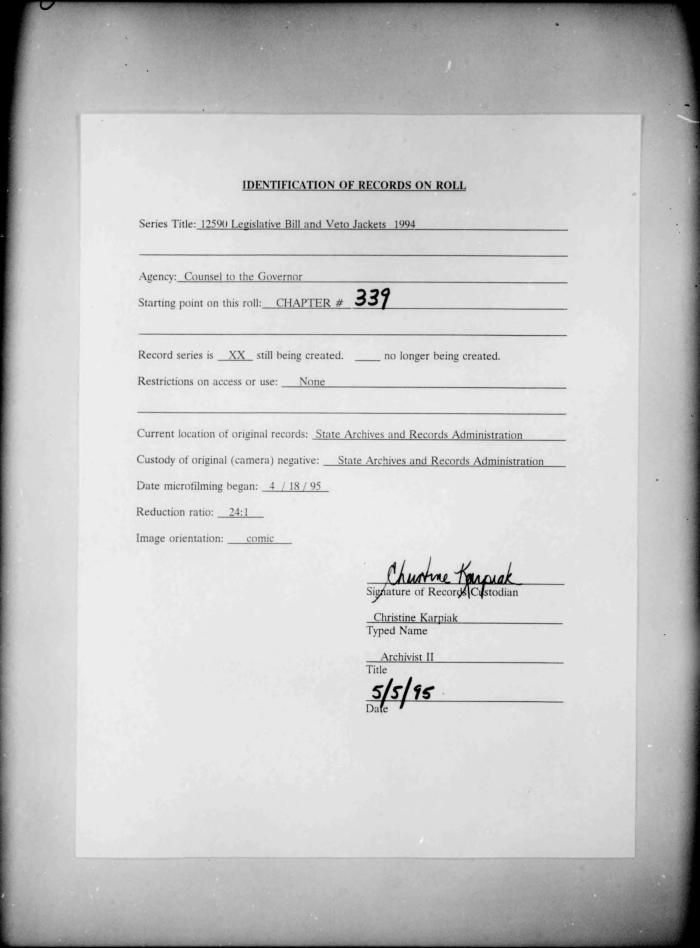 NYS Bill and Veto Jackets: 1994, Chapter 339