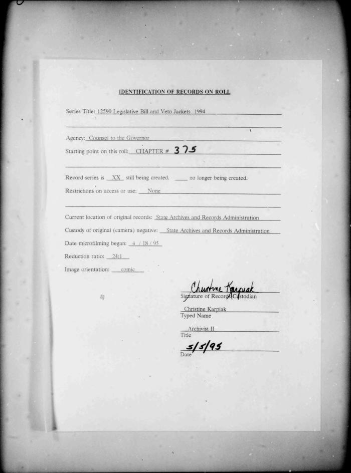 NYS Bill and Veto Jackets: 1994, Chapter 375