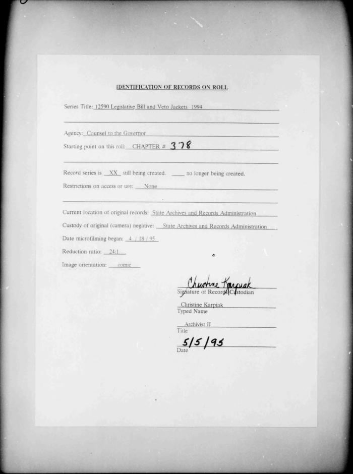 NYS Bill and Veto Jackets: 1994, Chapter 378