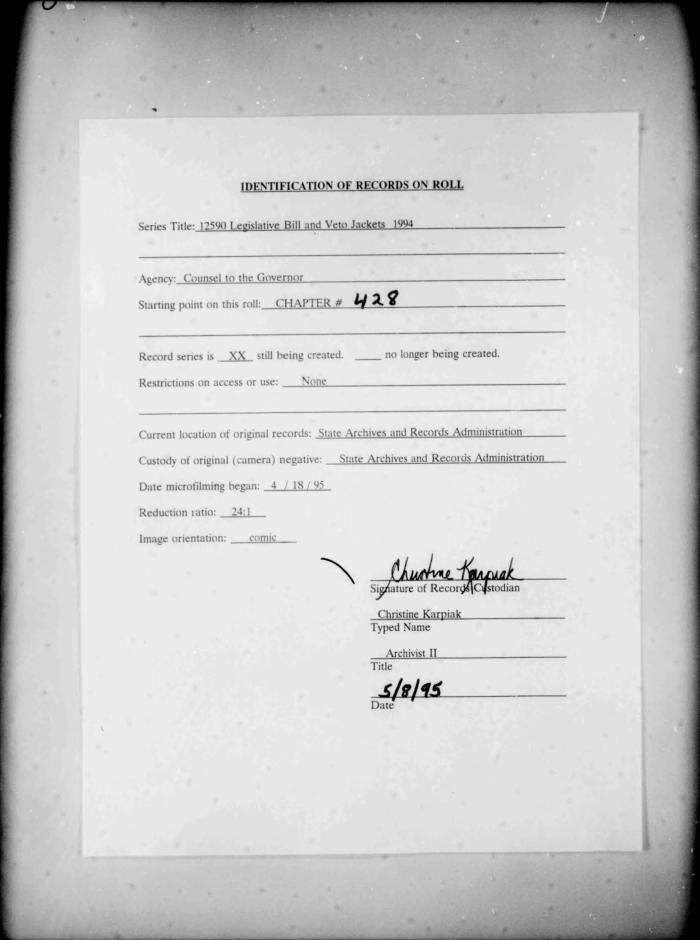 NYS Bill and Veto Jackets: 1994, Chapter 428