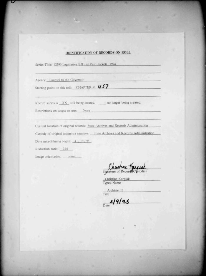NYS Bill and Veto Jackets: 1994, Chapter 457