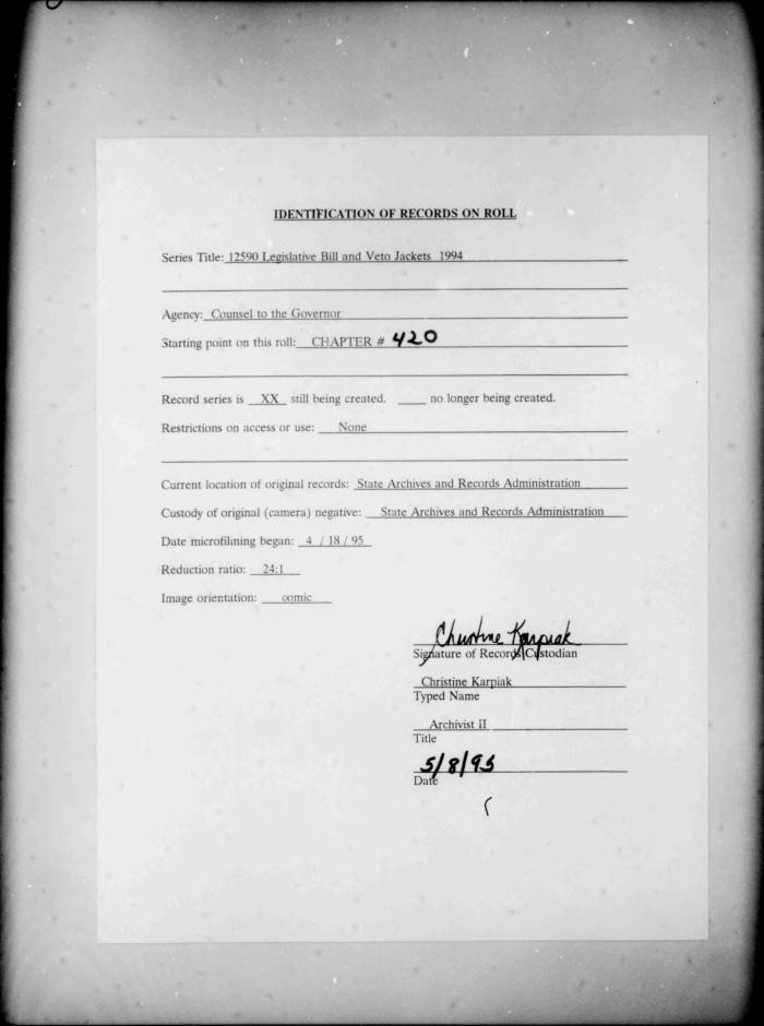 NYS Bill and Veto Jackets: 1994, Chapter 419