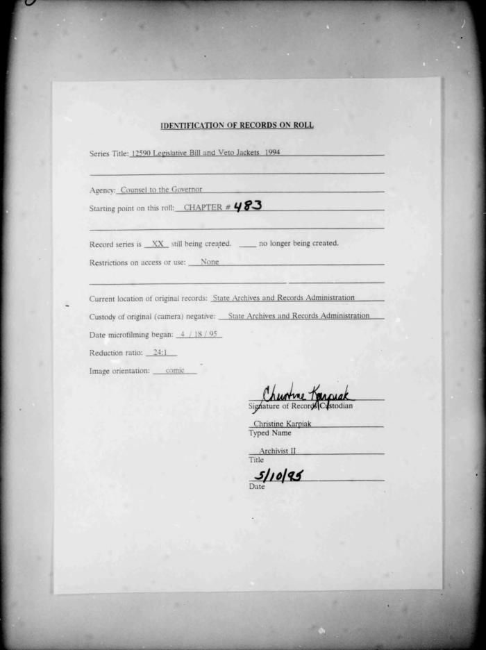 NYS Bill and Veto Jackets: 1994, Chapter 483