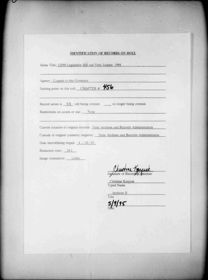 NYS Bill and Veto Jackets: 1994, Chapter 456