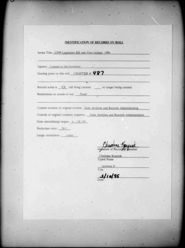NYS Bill and Veto Jackets: 1994, Chapter 487