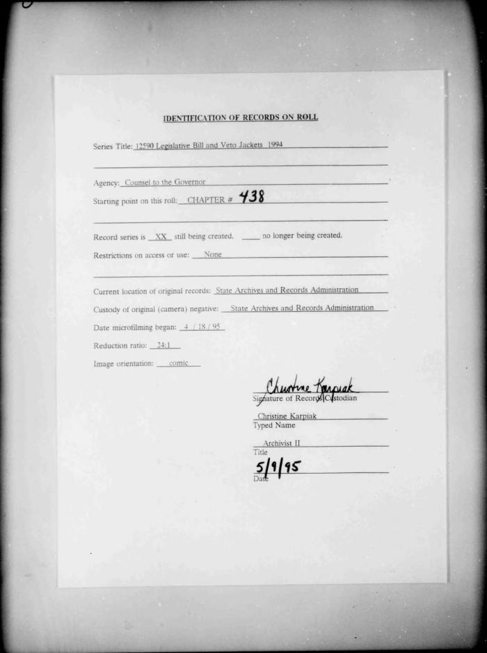 NYS Bill and Veto Jackets: 1994, Chapter 438