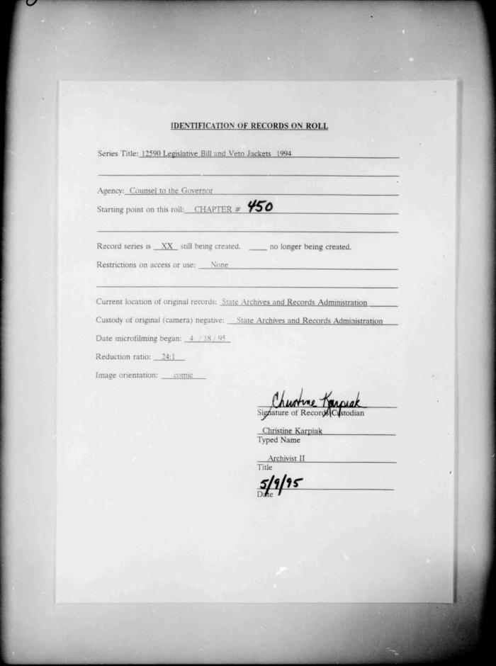 NYS Bill and Veto Jackets: 1994, Chapter 450