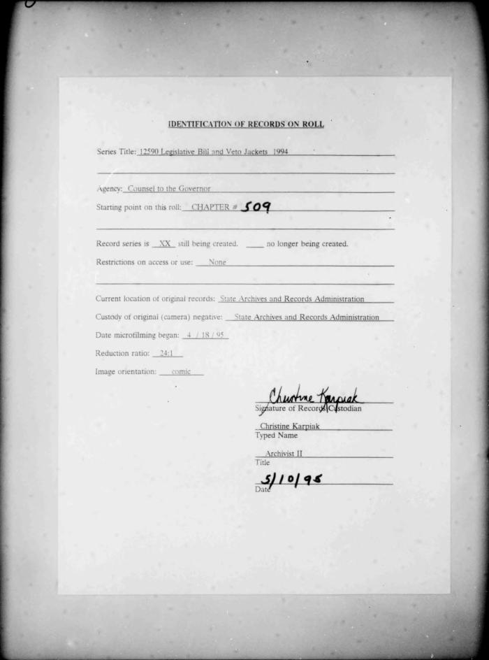 NYS Bill and Veto Jackets: 1994, Chapter 509