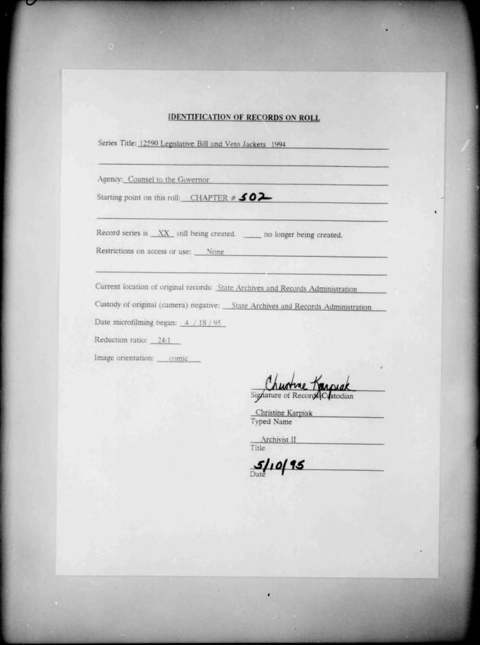 NYS Bill and Veto Jackets: 1994, Chapter 502