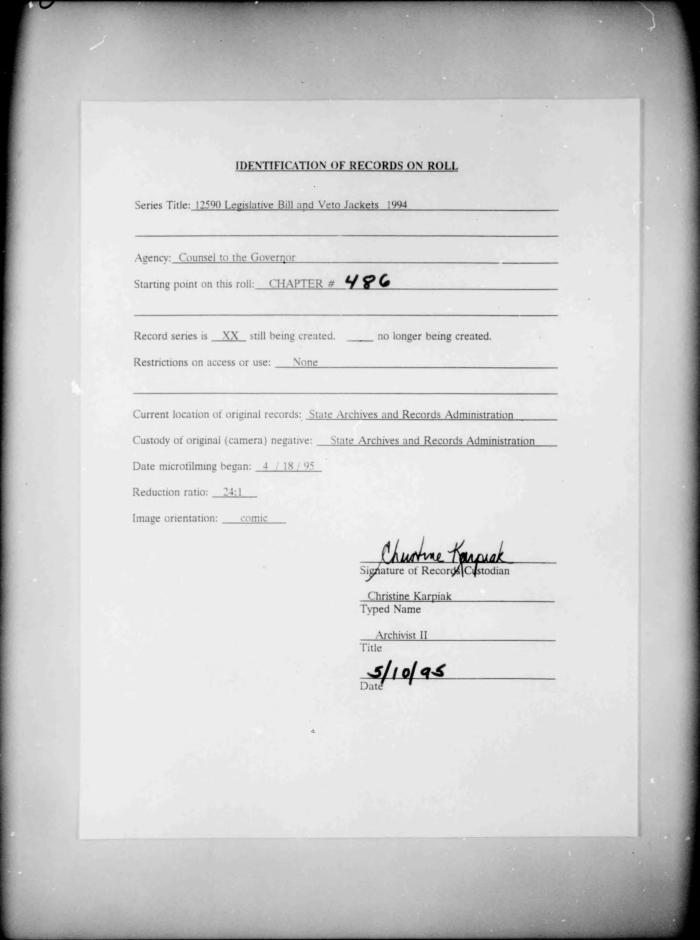 NYS Bill and Veto Jackets: 1994, Chapter 486