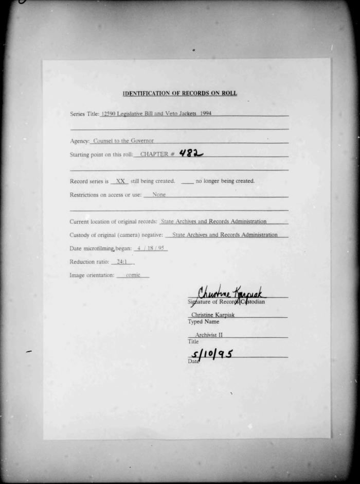 NYS Bill and Veto Jackets: 1994, Chapter 482