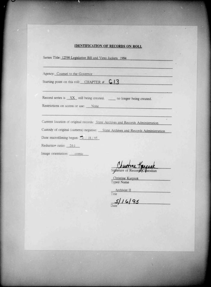 NYS Bill and Veto Jackets: 1994, Chapter 613