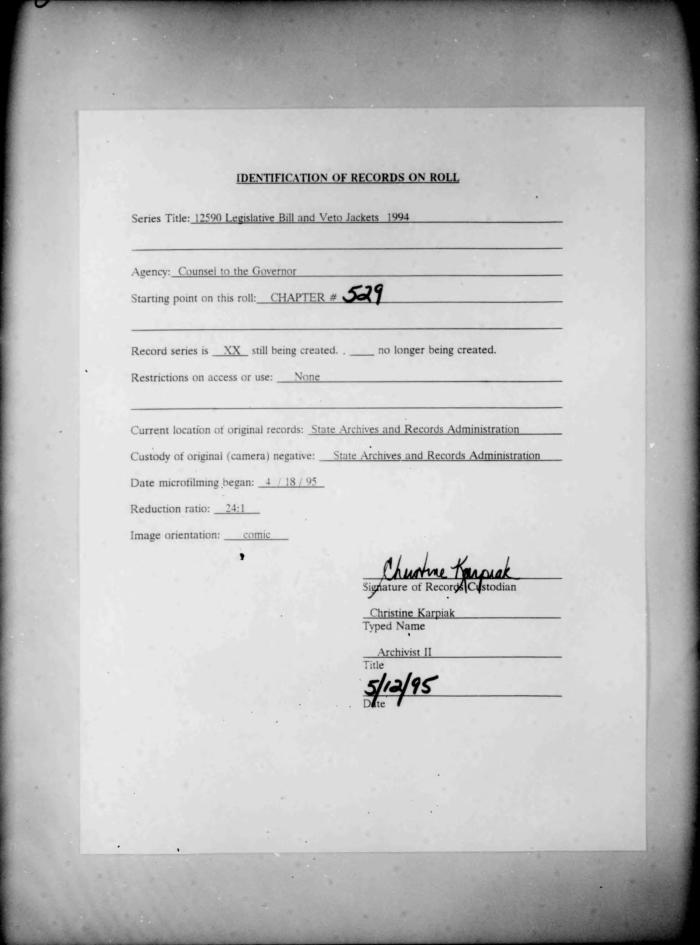 NYS Bill and Veto Jackets: 1994, Chapter 529
