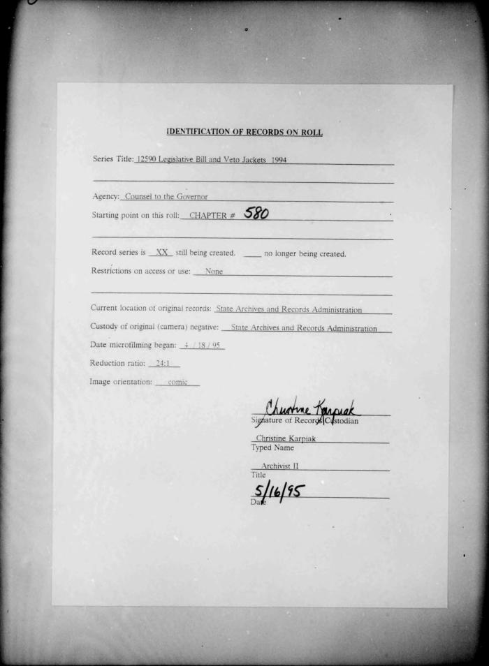 NYS Bill and Veto Jackets: 1994, Chapter 580