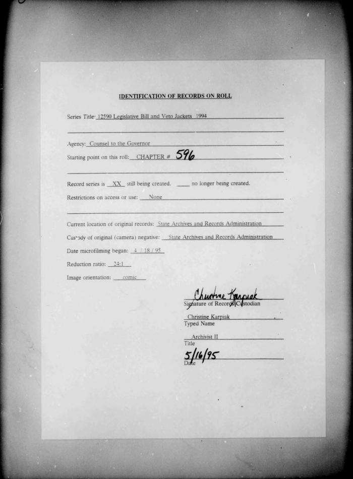 NYS Bill and Veto Jackets: 1994, Chapter 596