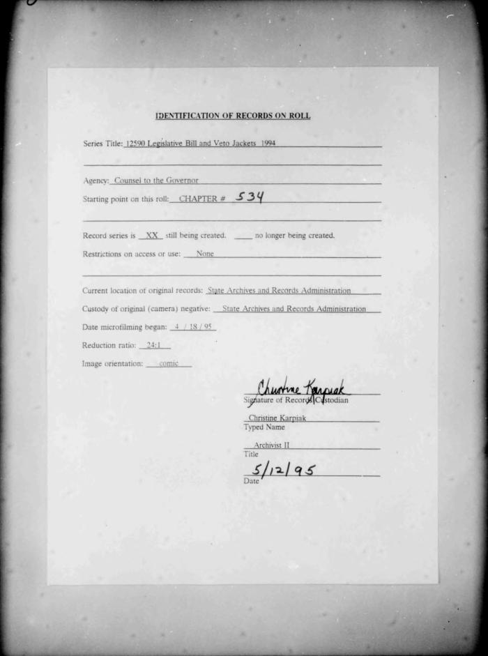 NYS Bill and Veto Jackets: 1994, Chapter 534