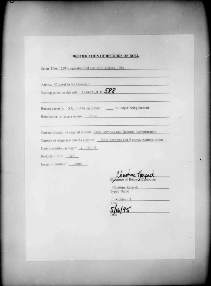 NYS Bill and Veto Jackets: 1994, Chapter 588