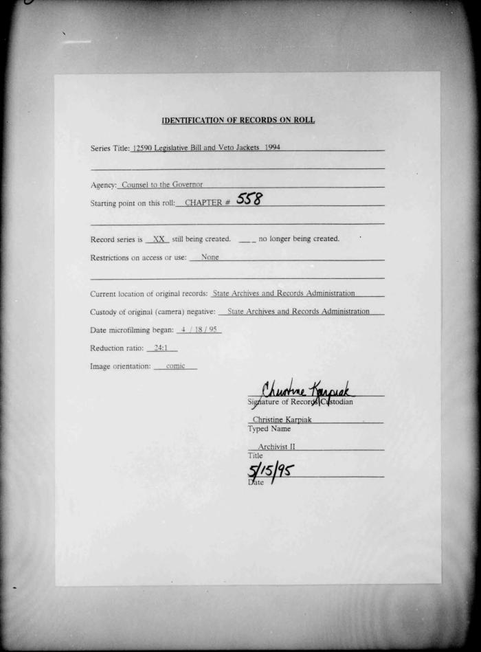 NYS Bill and Veto Jackets: 1994, Chapter 558