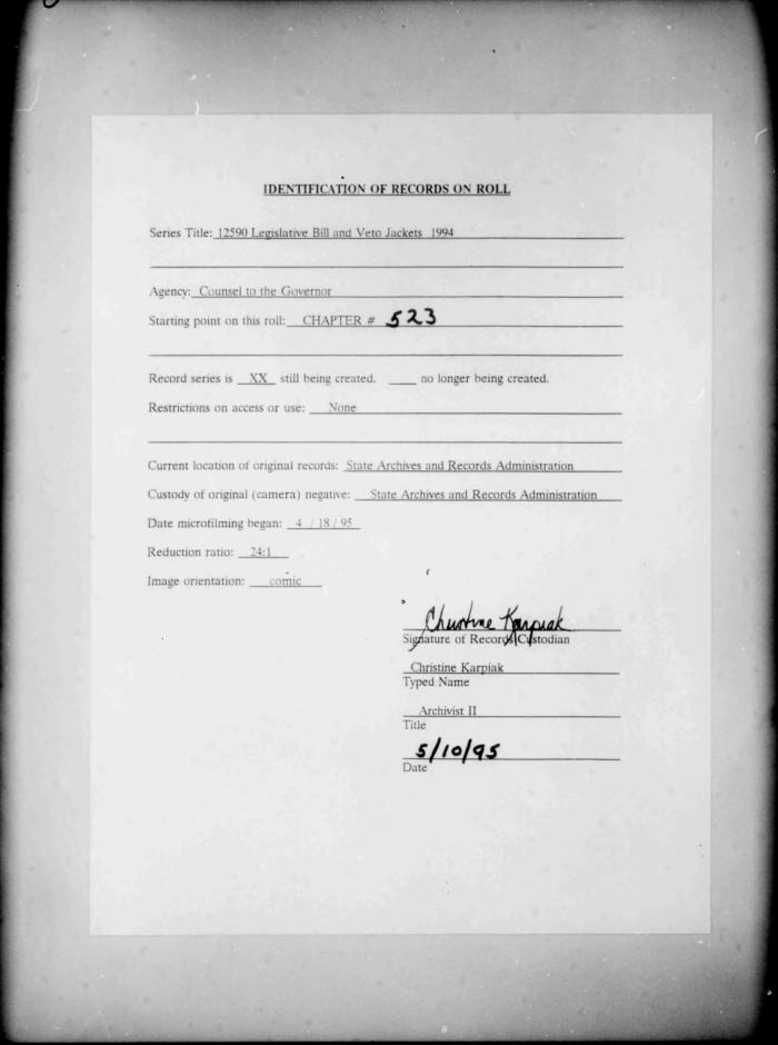 NYS Bill and Veto Jackets: 1994, Chapter 523