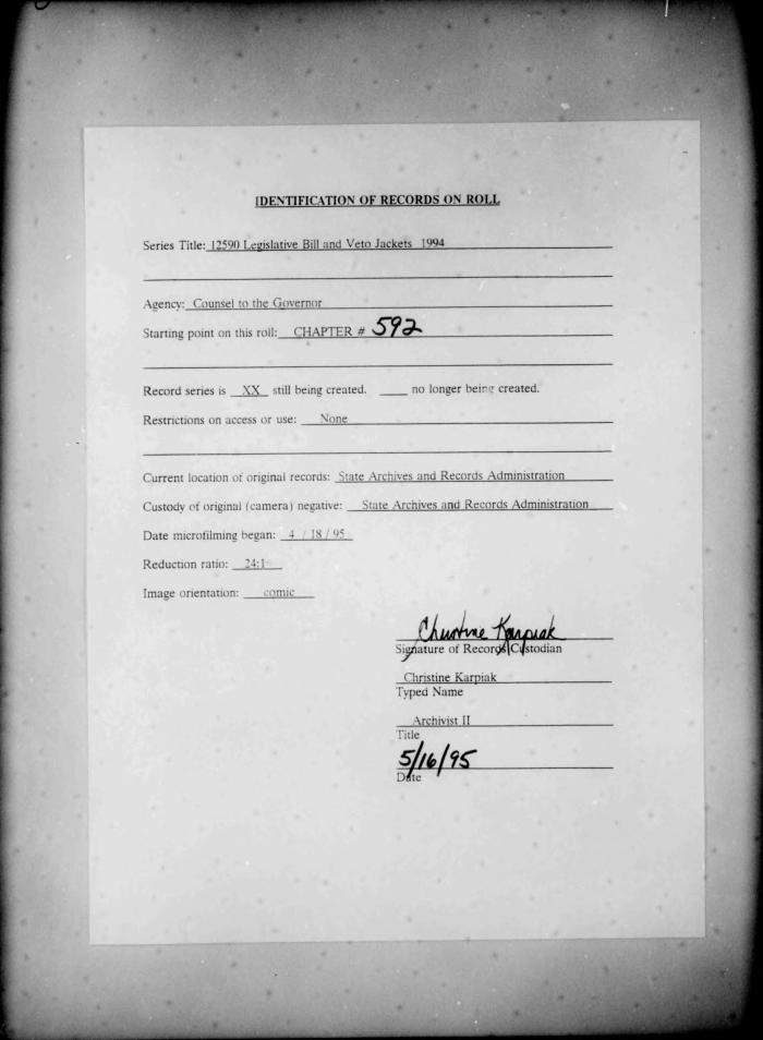 NYS Bill and Veto Jackets: 1994, Chapter 592