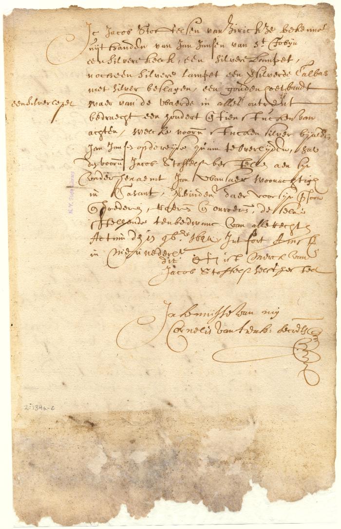 Receipt of Jacob Stofflesen for various pieces of plate left in his care by Jan Jansen of St Obyn