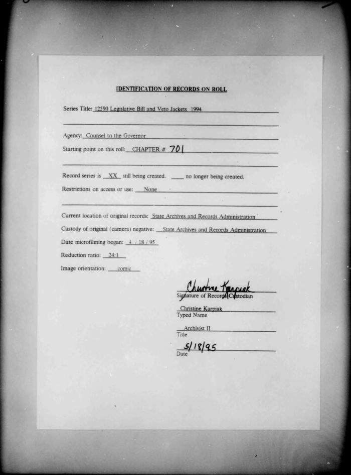 NYS Bill and Veto Jackets: 1994, Chapter 701