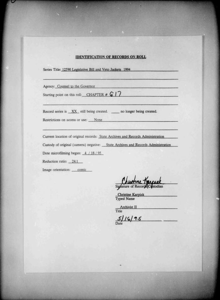 NYS Bill and Veto Jackets: 1994, Chapter 617