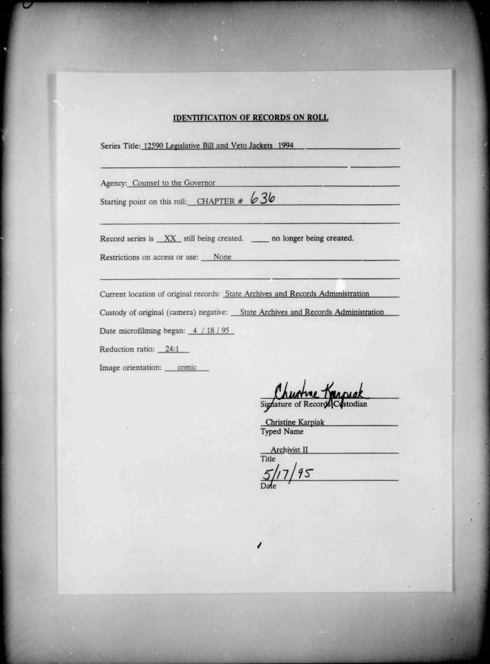 NYS Bill and Veto Jackets: 1994, Chapter 636