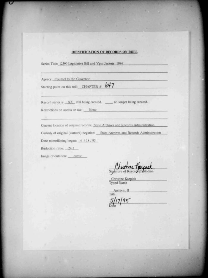 NYS Bill and Veto Jackets: 1994, Chapter 647