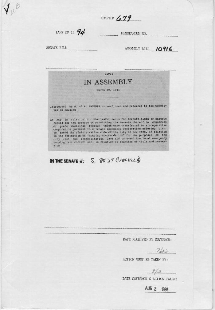 NYS Bill and Veto Jackets: 1994, Chapter 679
