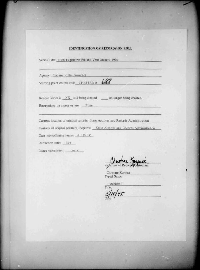 NYS Bill and Veto Jackets: 1994, Chapter 688