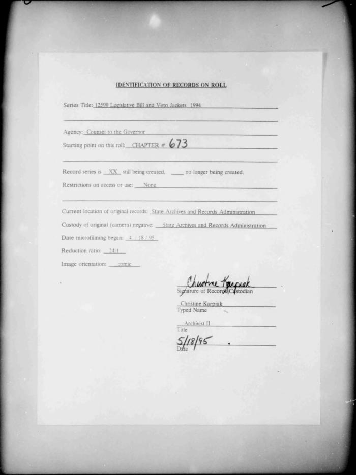 NYS Bill and Veto Jackets: 1994, Chapter 673