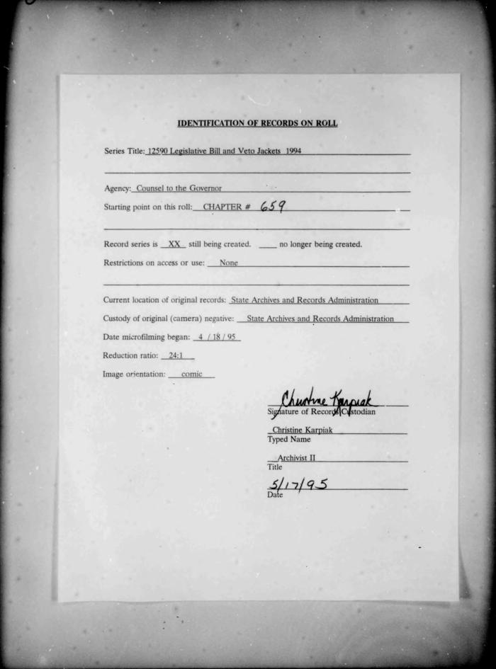 NYS Bill and Veto Jackets: 1994, Chapter 659