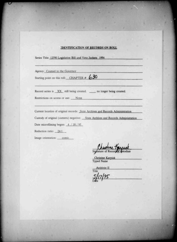 NYS Bill and Veto Jackets: 1994, Chapter 630