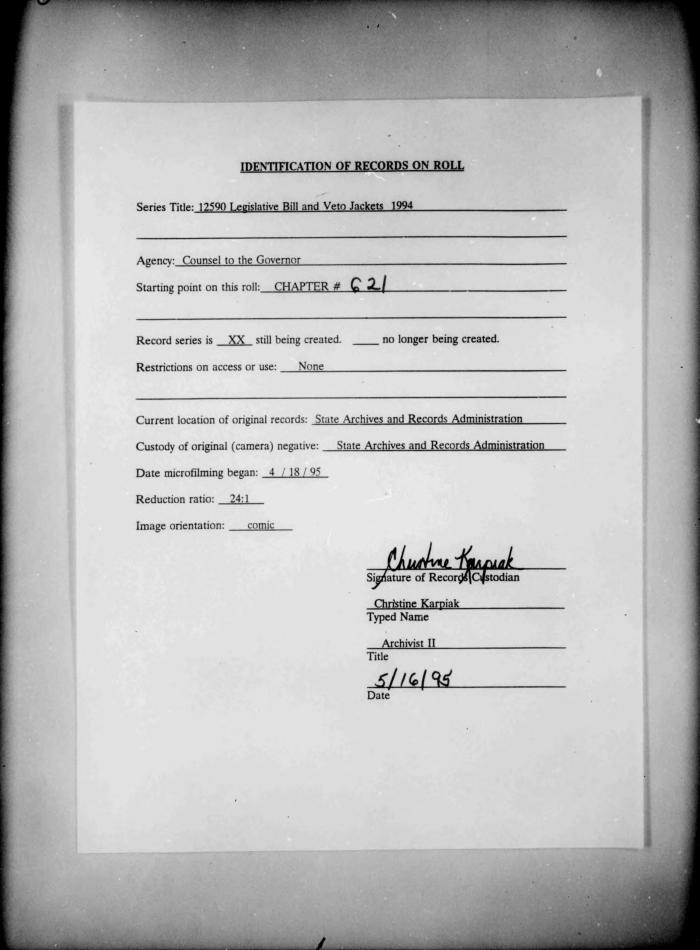 NYS Bill and Veto Jackets: 1994, Chapter 621