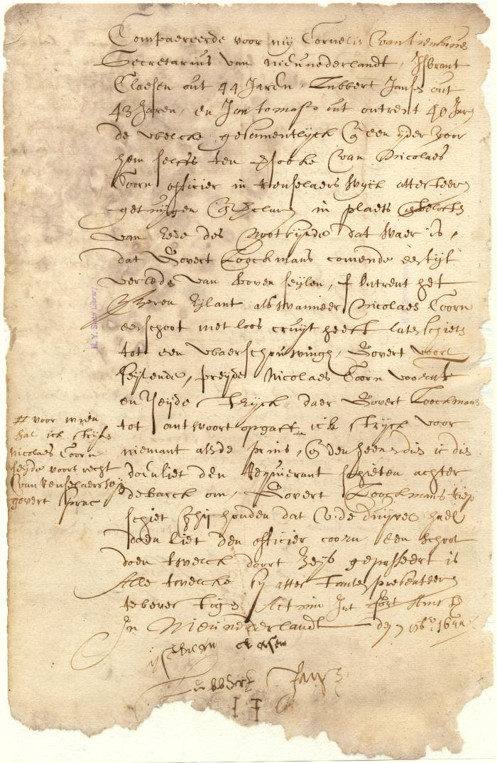 Declaration of Isbrant Claessen and others respecting the firing on Govert Loockemans’s sloop when passing Beeren Island