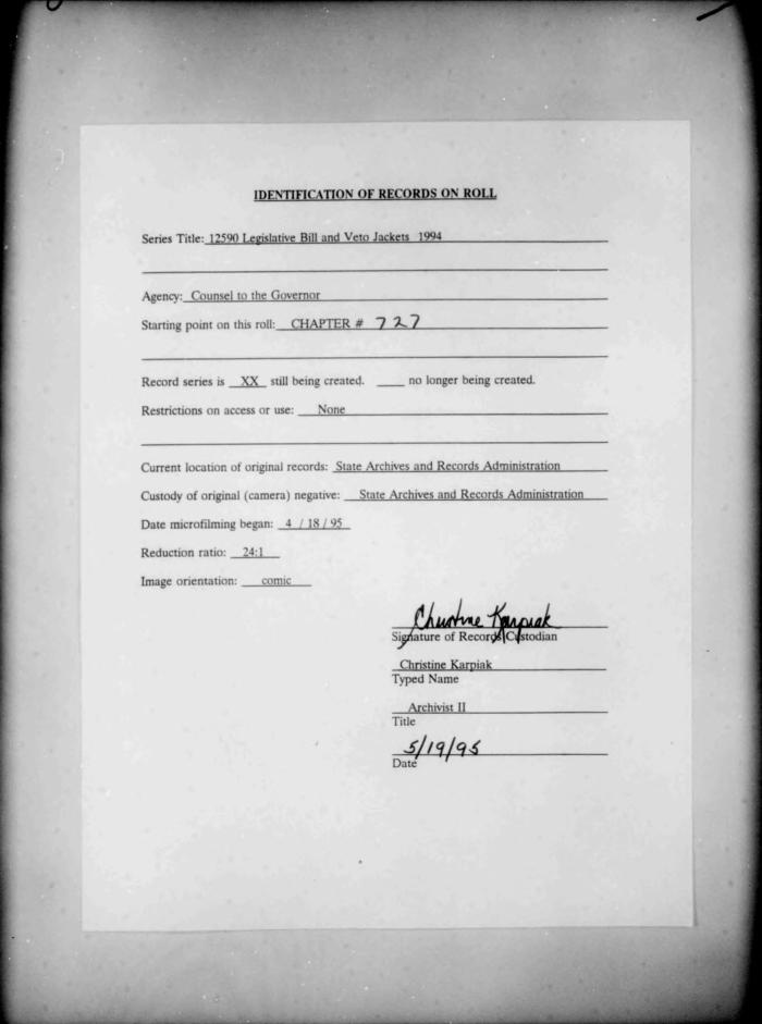 NYS Bill and Veto Jackets: 1994, Chapter 727