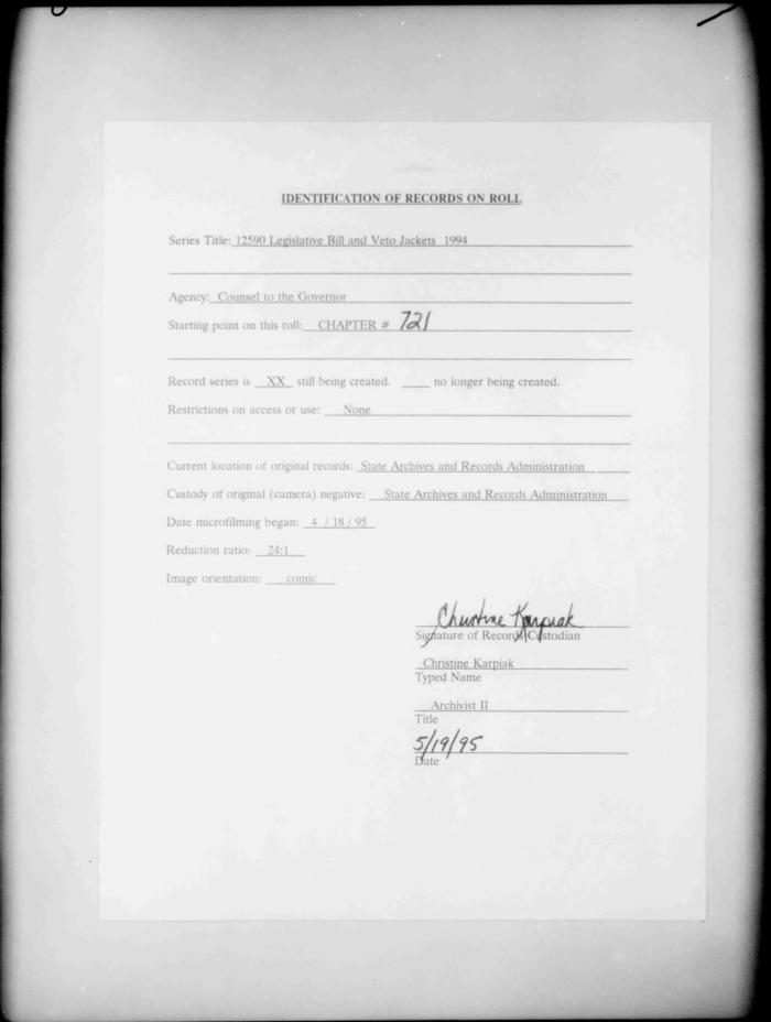 NYS Bill and Veto Jackets: 1994, Chapter 721